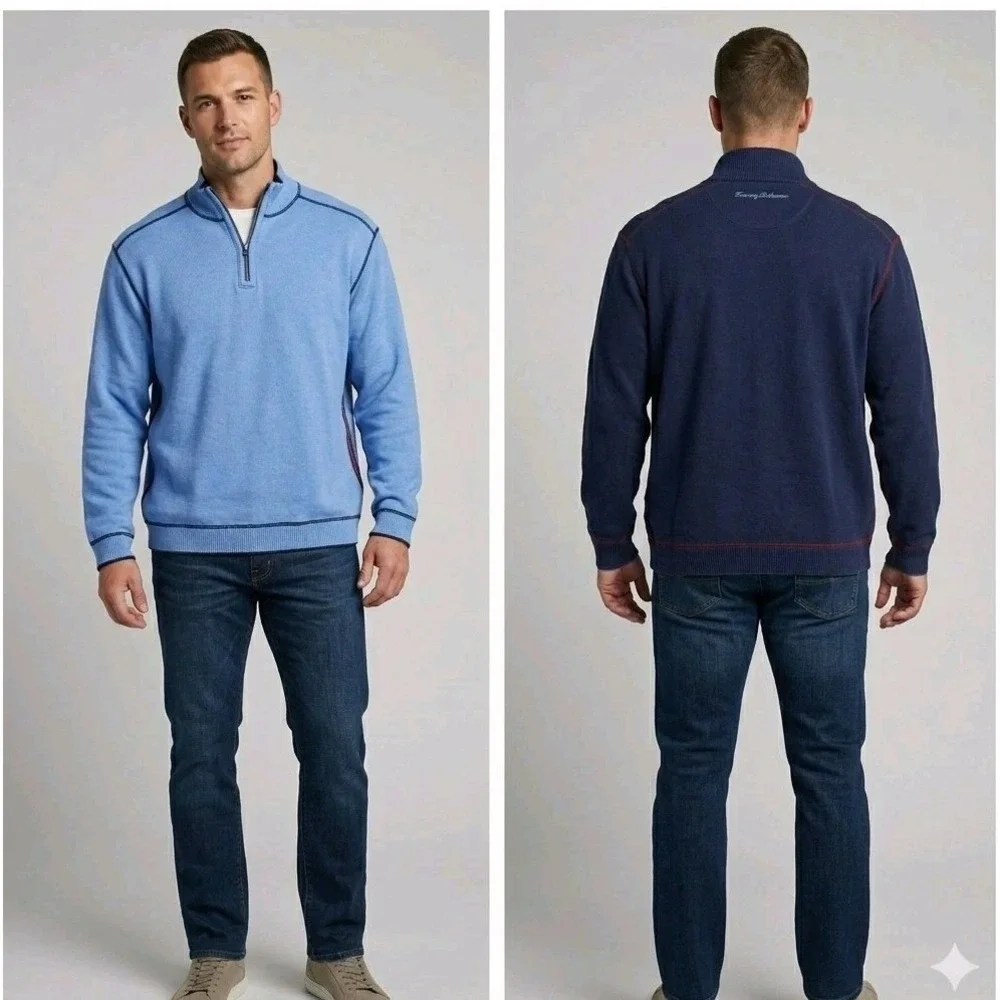 Tommy Bahama 1/4 Zip Pullover Sweater XL Blue Reversible Cotton Blend Ribbed
